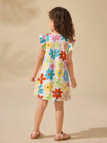 Young Girl Adorable Floral Print Short Cap Sleeve Knitted Summer Dress