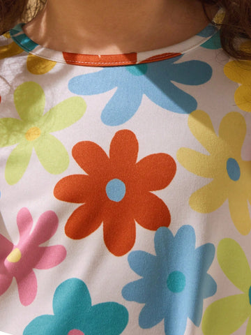 Young Girl Adorable Floral Print Short Cap Sleeve Knitted Summer Dress