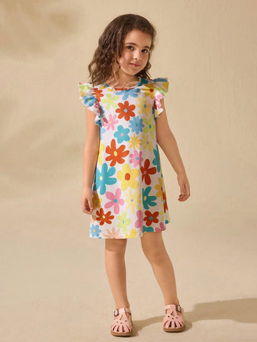 Young Girl Adorable Floral Print Short Cap Sleeve Knitted Summer Dress