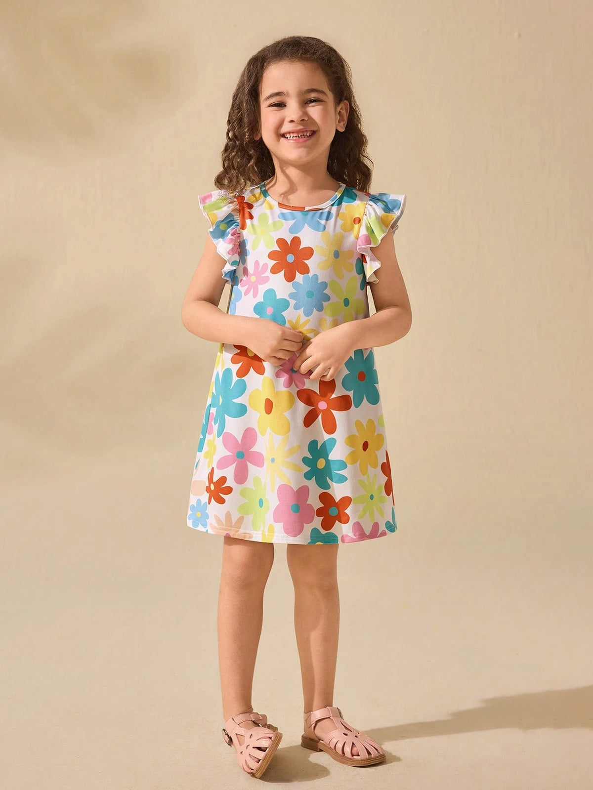 Young Girl Adorable Floral Print Short Cap Sleeve Knitted Summer Dress