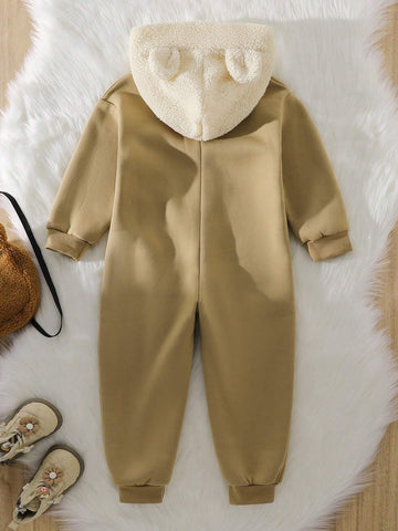 Young Girl Adorable Thickened Jumpsuit With Furry Hoodie Ears, Super Soft Warm And Windproof, Provides Infant-Like Comfort For Outdoor And Family Gatherings In Winter