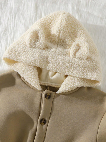 Young Girl Adorable Thickened Jumpsuit With Furry Hoodie Ears, Super Soft Warm And Windproof, Provides Infant-Like Comfort For Outdoor And Family Gatherings In Winter