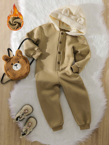 Young Girl Adorable Thickened Jumpsuit With Furry Hoodie Ears, Super Soft Warm And Windproof, Provides Infant-Like Comfort For Outdoor And Family Gatherings In Winter