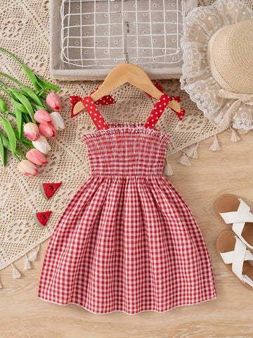 Young Girl Adorable Watermelon Plaid Bow Decor Cami Dress For Girls, Holiday/Casual, Summer Gift