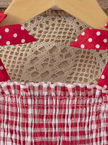 Young Girl Adorable Watermelon Plaid Bow Decor Cami Dress For Girls, Holiday/Casual, Summer Gift