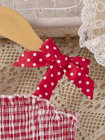 Young Girl Adorable Watermelon Plaid Bow Decor Cami Dress For Girls, Holiday/Casual, Summer Gift