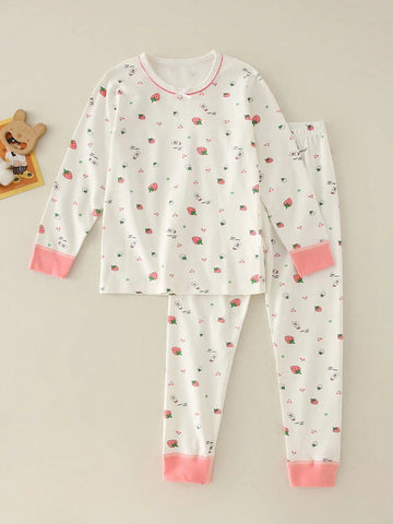 Young Girl All-Over Printed Long Sleeve Top With Contrast Cuff Bow Detail And Pants Sleepwear Set
