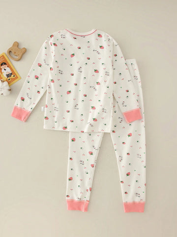 Young Girl All-Over Printed Long Sleeve Top With Contrast Cuff Bow Detail And Pants Sleepwear Set