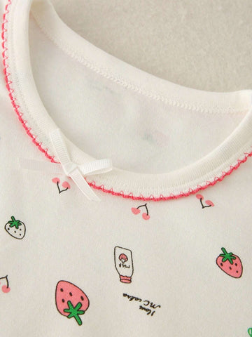 Young Girl All-Over Printed Long Sleeve Top With Contrast Cuff Bow Detail And Pants Sleepwear Set