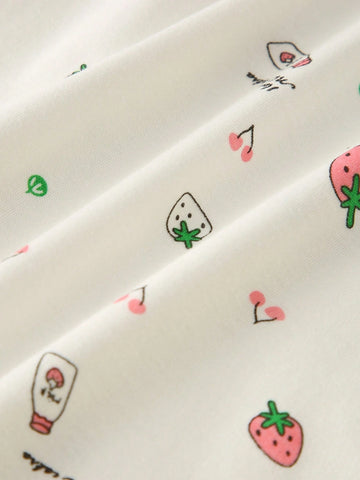 Young Girl All-Over Printed Long Sleeve Top With Contrast Cuff Bow Detail And Pants Sleepwear Set