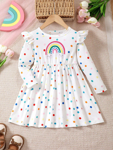 Young Girl Allover Colorful Polka Dots & Cartoon Rainbow / Horned Horse/ Heart Pattern Graphic Print, Girls Trendy & Casual Long Sleeve Dress