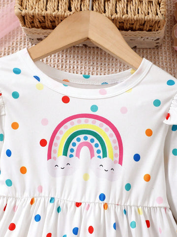 Young Girl Allover Colorful Polka Dots & Cartoon Rainbow / Horned Horse/ Heart Pattern Graphic Print, Girls Trendy & Casual Long Sleeve Dress