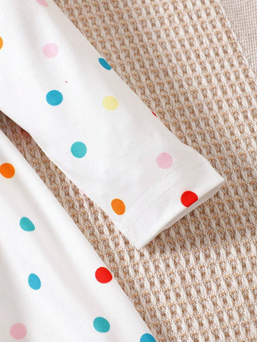 Young Girl Allover Colorful Polka Dots & Cartoon Rainbow / Horned Horse/ Heart Pattern Graphic Print, Girls Trendy & Casual Long Sleeve Dress