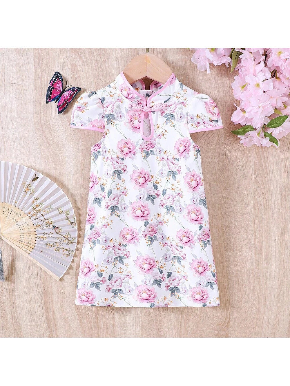 Young Girl Allover Floral Print Mandarin Collar Puff Sleeve Dress