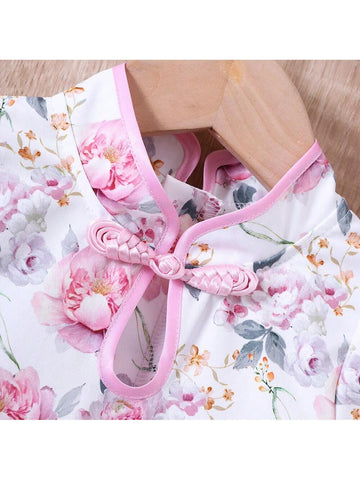 Young Girl Allover Floral Print Mandarin Collar Puff Sleeve Dress