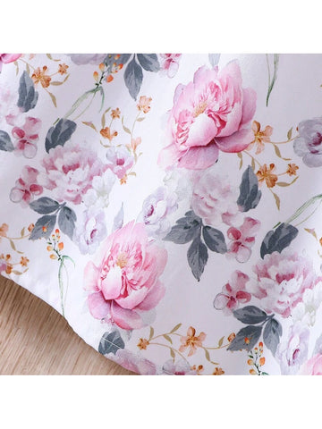 Young Girl Allover Floral Print Mandarin Collar Puff Sleeve Dress