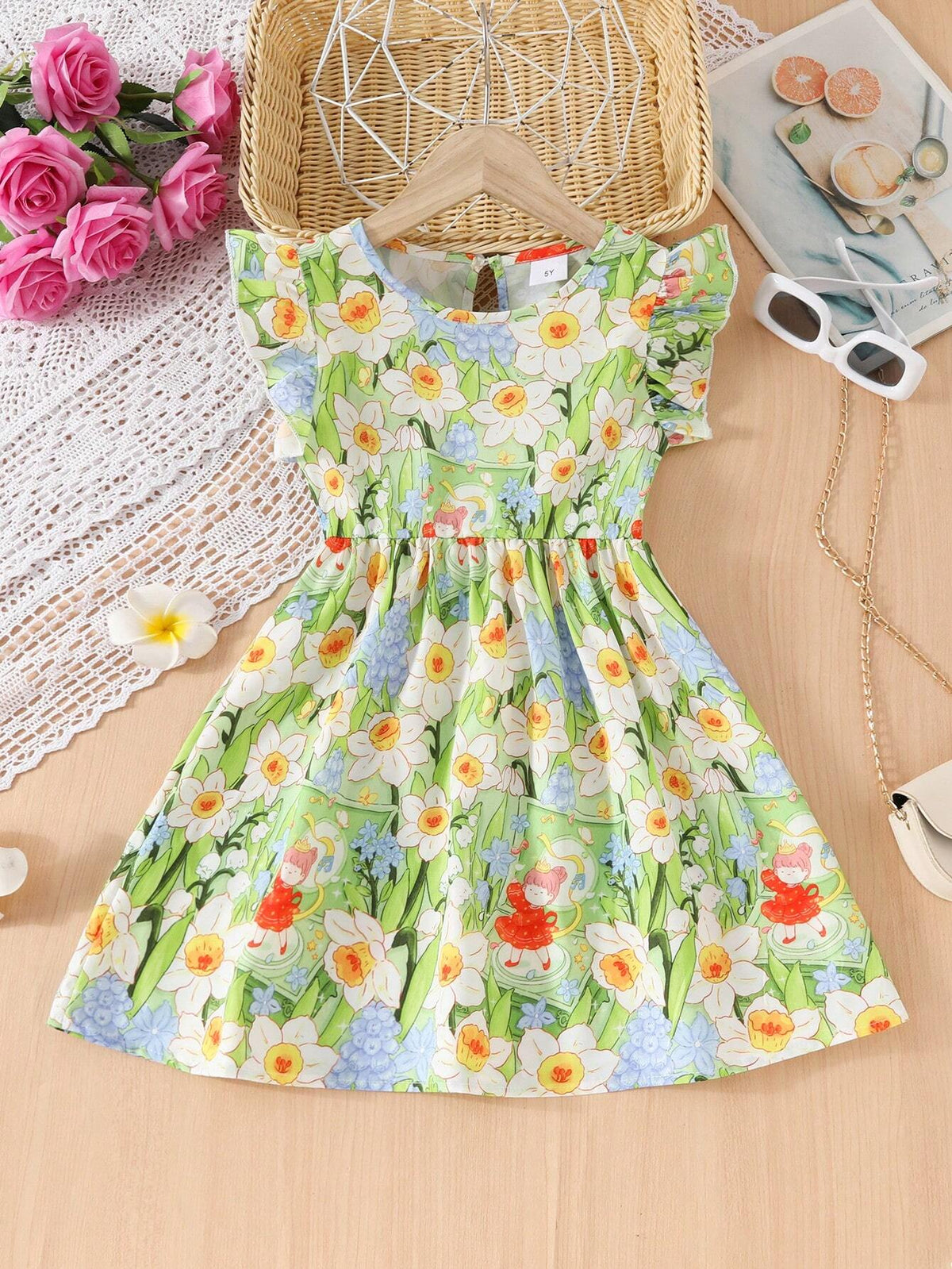 Young Girl Allover Floral Print Ruffle Trim Dress For Summer