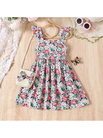 Young Girl Allover Floral Print Ruffle Trim Dress For Summer