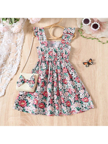 Young Girl Allover Floral Print Ruffle Trim Dress For Summer