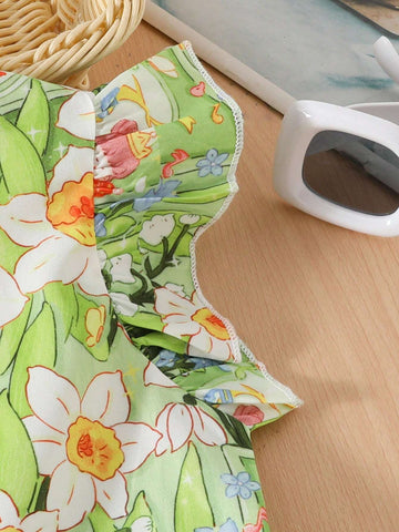 Young Girl Allover Floral Print Ruffle Trim Dress For Summer