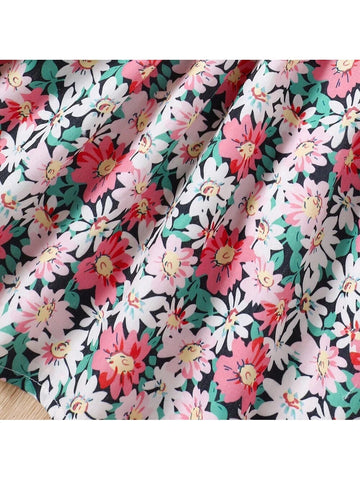 Young Girl Allover Floral Print Ruffle Trim Dress For Summer