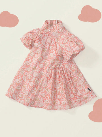 Young Girl Allover Print Mock Neck Puff Sleeve Dress For Summer