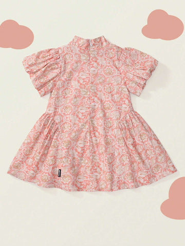 Young Girl Allover Print Mock Neck Puff Sleeve Dress For Summer
