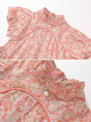Young Girl Allover Print Mock Neck Puff Sleeve Dress For Summer