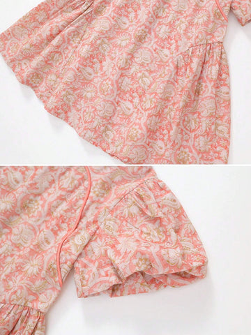 Young Girl Allover Print Mock Neck Puff Sleeve Dress For Summer