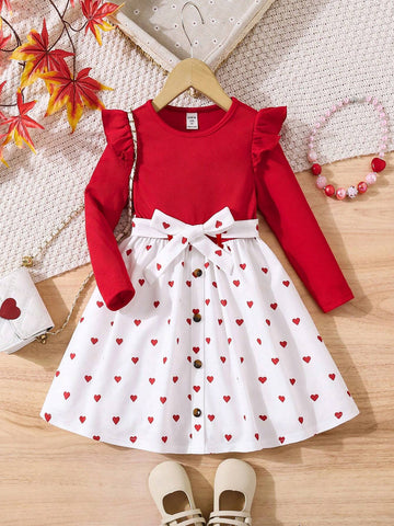 Young Girl Cap Sleeve Knit Patchwork Heart Print Dress, Casual Daily Wear, Autumn/Winter