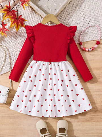 Young Girl Cap Sleeve Knit Patchwork Heart Print Dress, Casual Daily Wear, Autumn/Winter