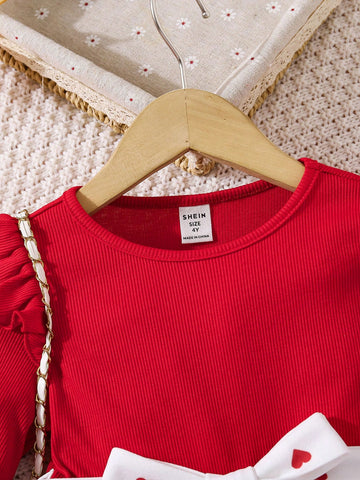 Young Girl Cap Sleeve Knit Patchwork Heart Print Dress, Casual Daily Wear, Autumn/Winter