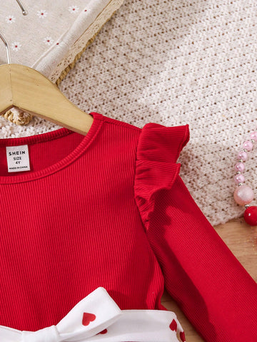 Young Girl Cap Sleeve Knit Patchwork Heart Print Dress, Casual Daily Wear, Autumn/Winter