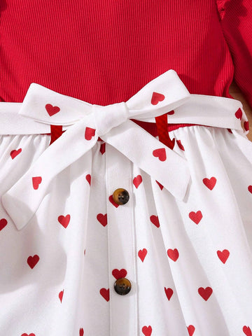 Young Girl Cap Sleeve Knit Patchwork Heart Print Dress, Casual Daily Wear, Autumn/Winter