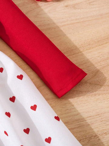 Young Girl Cap Sleeve Knit Patchwork Heart Print Dress, Casual Daily Wear, Autumn/Winter