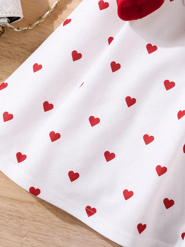 Young Girl Cap Sleeve Knit Patchwork Heart Print Dress, Casual Daily Wear, Autumn/Winter