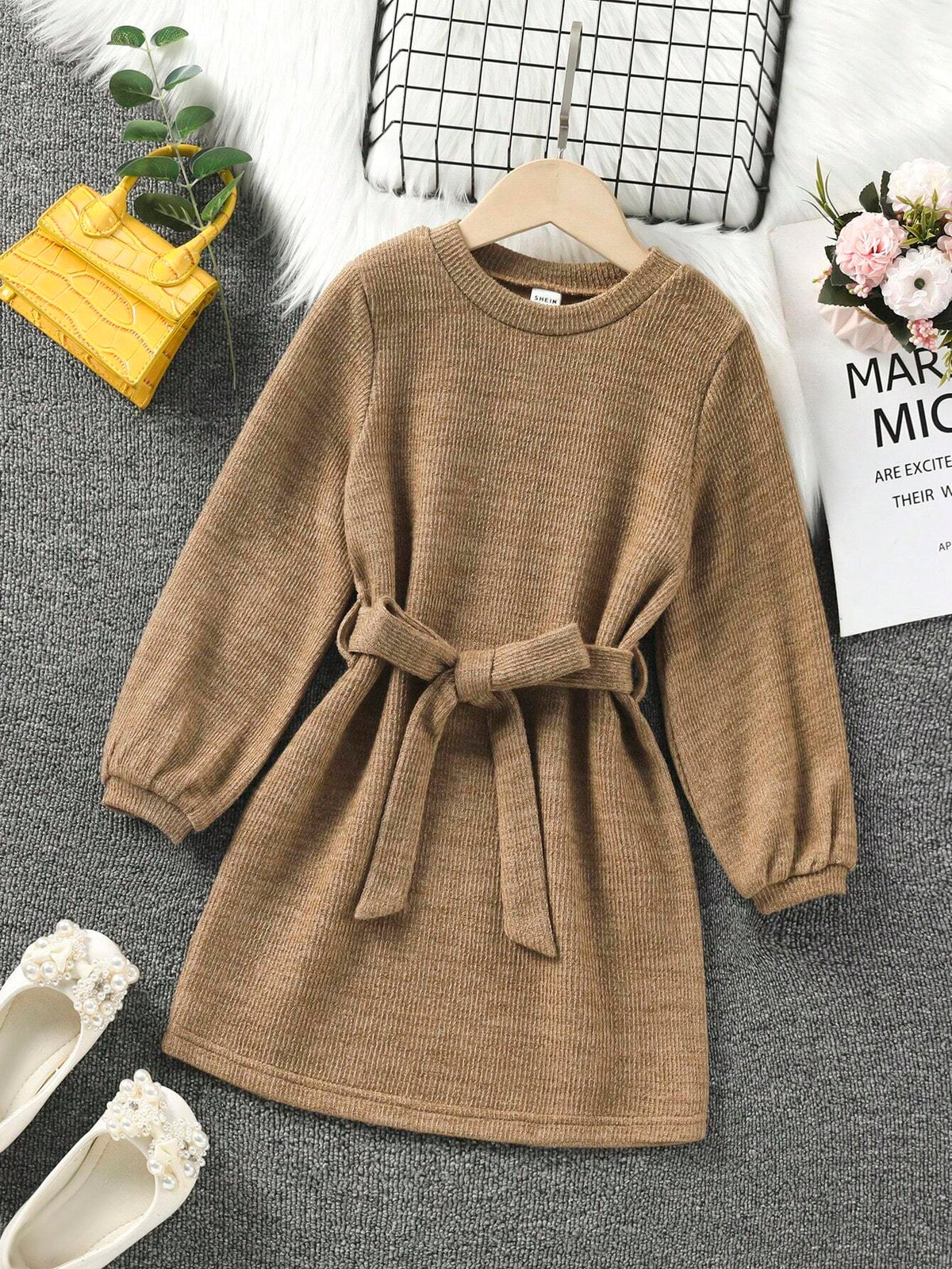 Young Girl And Young Girl Casual Removable Belt Straight Long Sleeve Dress, Suitable For Pairing With Various Jackets, Suitable For Daily Outings, Autumn/Winter