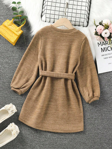 Young Girl And Young Girl Casual Removable Belt Straight Long Sleeve Dress, Suitable For Pairing With Various Jackets, Suitable For Daily Outings, Autumn/Winter