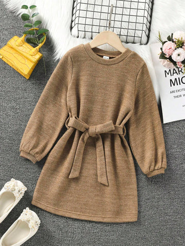 Young Girl And Young Girl Casual Removable Belt Straight Long Sleeve Dress, Suitable For Pairing With Various Jackets, Suitable For Daily Outings, Autumn/Winter
