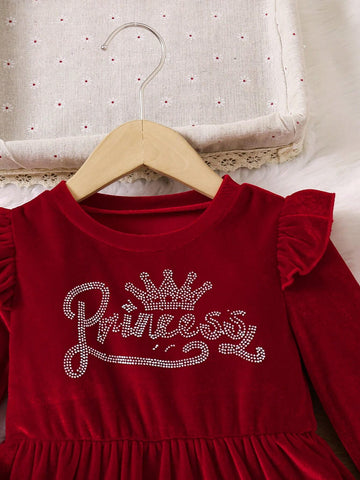 Young Girl And Young Girl Casual Velvet Ruffled Sleeve Patchwork White Fluffy Waist Dress, Suitable For Autumn/Winter