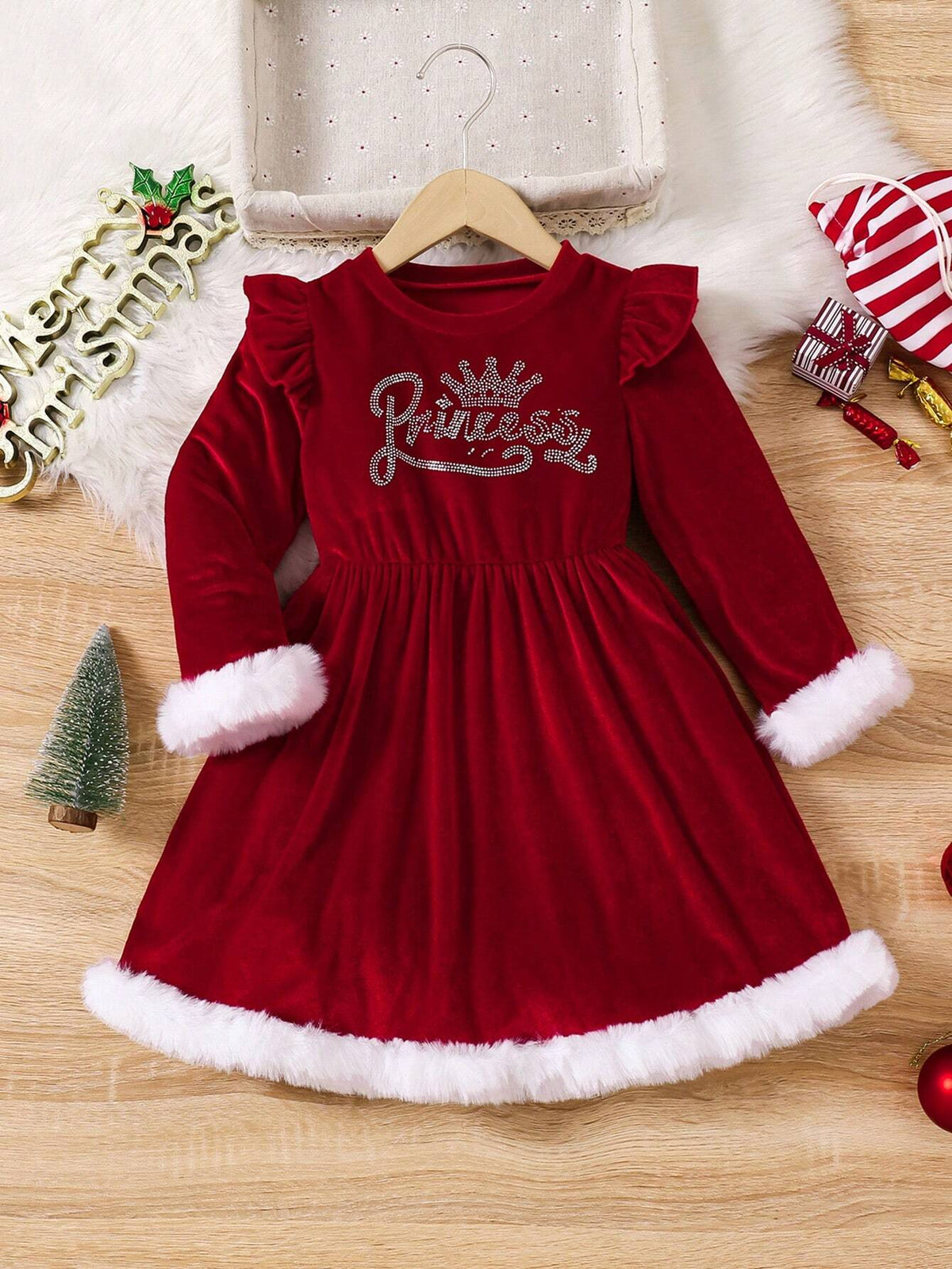 Young Girl And Young Girl Casual Velvet Ruffled Sleeve Patchwork White Fluffy Waist Dress, Suitable For Autumn/Winter