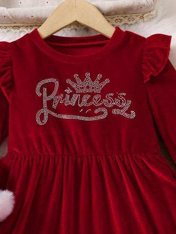 Young Girl And Young Girl Casual Velvet Ruffled Sleeve Patchwork White Fluffy Waist Dress, Suitable For Autumn/Winter