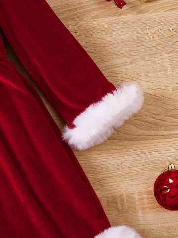 Young Girl And Young Girl Casual Velvet Ruffled Sleeve Patchwork White Fluffy Waist Dress, Suitable For Autumn/Winter