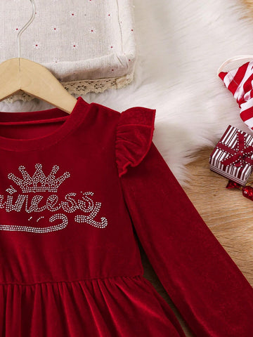 Young Girl And Young Girl Casual Velvet Ruffled Sleeve Patchwork White Fluffy Waist Dress, Suitable For Autumn/Winter