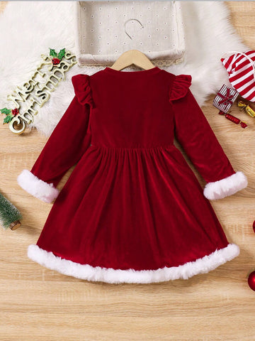 Young Girl And Young Girl Casual Velvet Ruffled Sleeve Patchwork White Fluffy Waist Dress, Suitable For Autumn/Winter