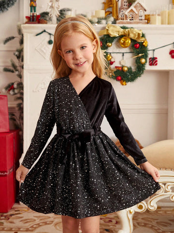 Young Girl And Young Girl Casual Velvet With Metallic Silver Patchwork Waist Long Sleeve Dress For Autumn/Winter
