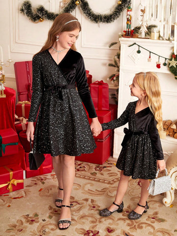 Young Girl And Young Girl Casual Velvet With Metallic Silver Patchwork Waist Long Sleeve Dress For Autumn/Winter