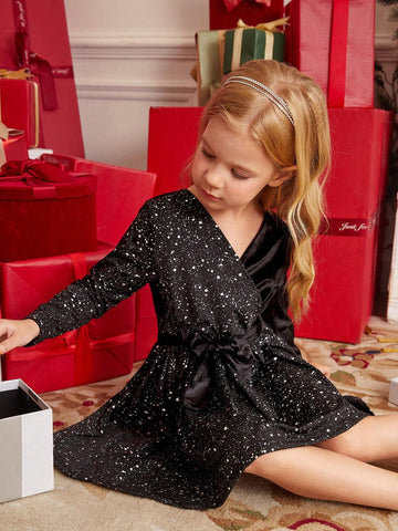 Young Girl And Young Girl Casual Velvet With Metallic Silver Patchwork Waist Long Sleeve Dress For Autumn/Winter