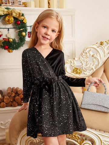 Young Girl And Young Girl Casual Velvet With Metallic Silver Patchwork Waist Long Sleeve Dress For Autumn/Winter