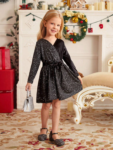 Young Girl And Young Girl Casual Velvet With Metallic Silver Patchwork Waist Long Sleeve Dress For Autumn/Winter